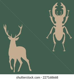 Stag beetle and deer silhouettes, abstract logo, hand drawn, vector illustration