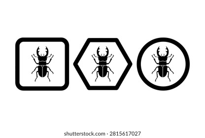 Stag beetle depictions within square hexagonal and circular frames a black silhouette insect coleoptera lucanidae mandibles antlers arthropod bug wildlife