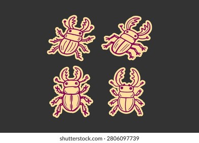Stag beetle illustration set featuring four stylized insect icons with purple outlines and light yellow fill isolated on a dark grey background for creative projects