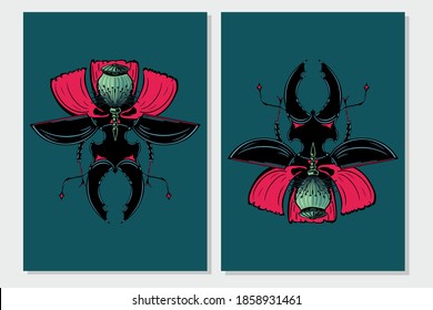 Stag beetle insect with poppy flower. Flora and fauna vintage print. Tattoo style illustration print with plant and bug.
