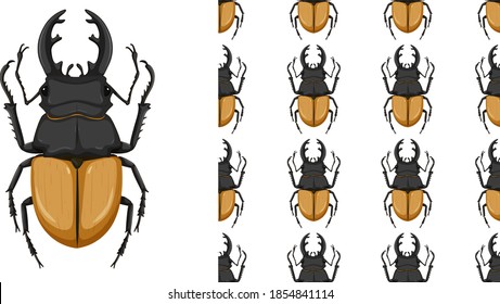 Stag beetle isolated on white background and seamless illustration