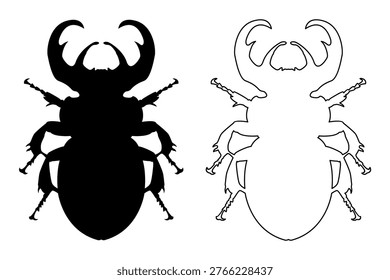 Stag Beetle Lucanus Cervus Silhouette and Outline Vector Illustration Top View Isolated Flat Design Minimalist Graphic Logo Art for Nature Conservation Science Biology Education and Tattoo Design Stencil
