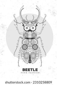 Stag beetle silhouette with gears. Punk style. Beetle vector illustration