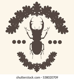 Stag beetle . Wood etching - lettering . Stamping for hunting rifle