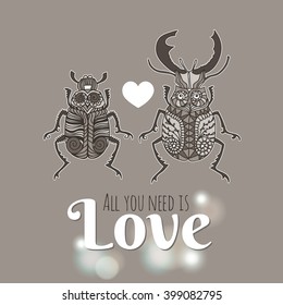 Stag Beetles in love. Insects for design, icons, logo, print or else. Vector illustration with place for text.