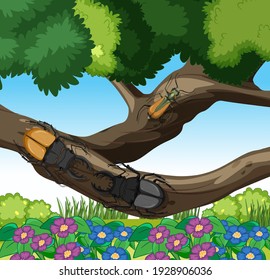 Stag beetles on branches in the garden scene illustration