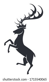 Stag with big horns jumping or running, isolated silhouette of deer wild animal. Horned elk sigh or logotype, forest mammal in motion. Stylized moose mascot or decoration, vector in flat style