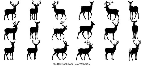 Stag and Doe Silhouette Vector Collection - Set of 18 Wildlife Animal Graphics