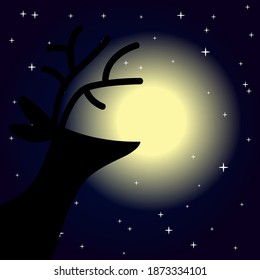 a stag with horns under the moonlight, seen in silhouette. the stars circle the moon.