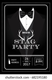 Stag party invitation calligraphy card, lettering vector element. Hand written bachelor party card decoration with black background. 