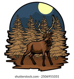 stag with pine tree in night time with separate white background