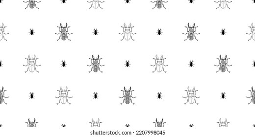 Línea gráfica de bichos de bicho de Stag-beetle patrón transparente en blanco y negro