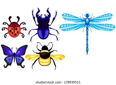 stag-beetle; dragonfly; ladybug; butterfly and bumblebee set. EPS 10. No transparency. No gradients.