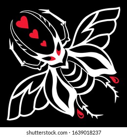 Stag-beetle with hearts. Unusual greeting card for Valentines day or Halloween. Valentine in the gothic style. Great for t-shirt, tattoo and more.