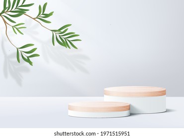 stage 3d gray white background product display podium scene with leaf platform. grey background vector 3d rendering with podium. summer stage white cosmetic product. 3d stage on pedestal display white