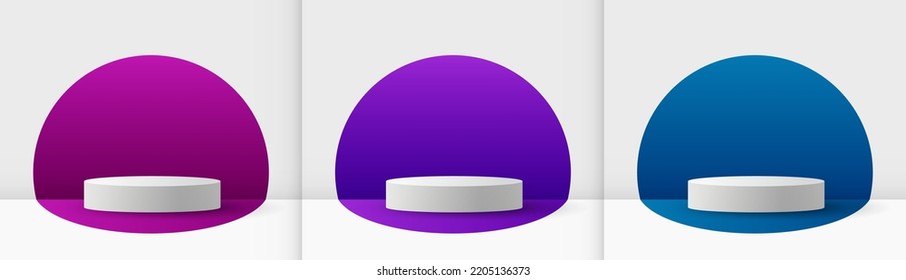 Stage 3d vector collection in purple blue violet colors. Pedestal or platform for cosmetic product demonstration, showroom stage vector set. Podium platforms graphic design. - Shutterstock ID 2205136373