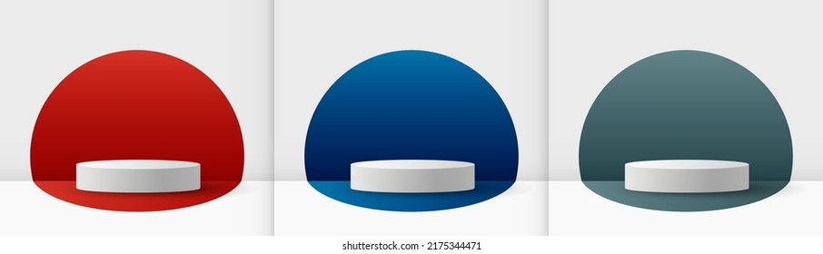 Stage 3d vector collection in red, blue, gray colors. Pedestal or platform for cosmetic product demonstration, showroom stage vector set. Podium platforms graphic design. - Shutterstock ID 2175344471