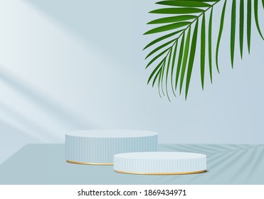 Stage abstract minimal scene with geometric platform. Summer background vector 3d rendering with podium. stand to show cosmetic products. Stage showcase on pedestal modern 3d studio blue pastel