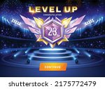 Stage Arena. Realistic stadium with lights and spotlights. Level up game. Medal reward on podium. Vector award shield with wing. Interface GUI