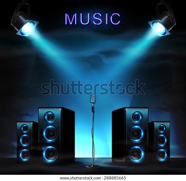 Stage with audio speakers, microphone, spotlight and sparkles. Music