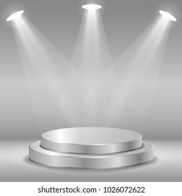 Stage for awards ceremony. Black and gray round podium. Pedestal. Scene. Spotlight. Vector illustration.