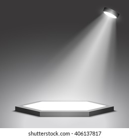 Stage for awards ceremony. Black and white podium. Pedestal. Scene. Spotlight. Vector illustration.