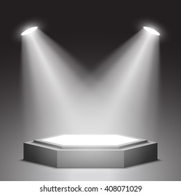 Stage for awards ceremony. Black and white podium. Pedestal. Scene. Spotlight. Vector illustration.
