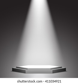 Stage for awards ceremony. Black and white podium. Pedestal. Scene. Spotlight. Vector illustration.