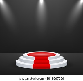 Stage for awards ceremony. Podium with red carpet. Pedestal. Spotlight. Vector illustration.