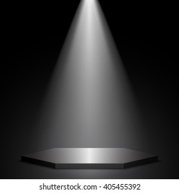Stage for awards ceremony. Polyhedron. Black podium. Pedestal. Scene. Spotlight. Vector illustration.