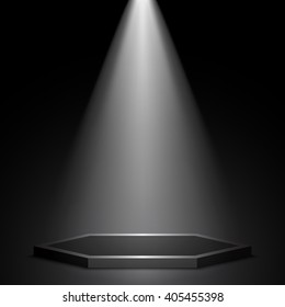 Stage for awards ceremony. Polyhedron. Black podium. Pedestal. Scene. Spotlight. Vector illustration.