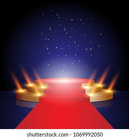 Stage for awards ceremony Red carpet and round podium with Illuminated empty pedestal and Spotlight effect. Vector illustration.