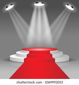 Stage for awards ceremony Red carpet and round podium with Illuminated empty pedestal and Spotlight effect. Vector illustration.