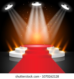 Stage for awards ceremony Red carpet and round podium with Illuminated empty pedestal and Spotlight effect. Vector illustration.