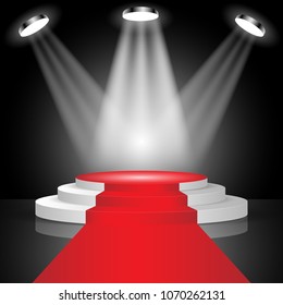 Stage for awards ceremony Red carpet and round podium with Illuminated empty pedestal and Spotlight effect. Vector illustration.