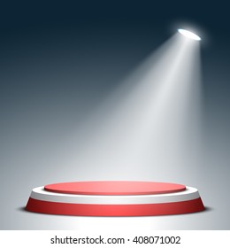 Stage for awards ceremony. Red and white round podium. Pedestal. Spotlight. Vector illustration.