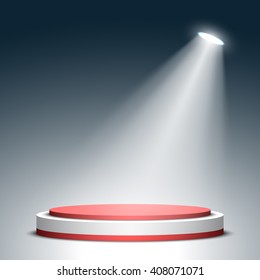 Stage for awards ceremony. Red and white round podium. Pedestal. Scene. Spotlight. Vector illustration.