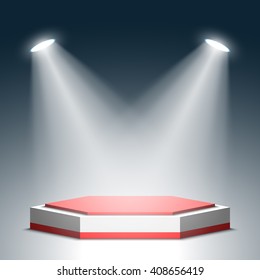 Stage for awards ceremony. Red and white podium. Pedestal. Scene. Spotlight. Vector illustration.