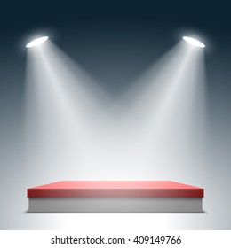 Stage for awards ceremony. Red and white square podium. Pedestal. Scene. Spotlight. Vector illustration.
