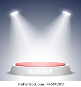 Stage for awards ceremony. Red and white round winners podium. Pedestal. Scene. Spotlight. 3D. Vector illustration.