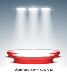 Stage for awards ceremony. Red and white podium. Pedestal. Scene. Spotlight. Vector illustration.
