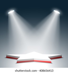 Stage for awards ceremony. Star. Red and white podium. Pedestal. Scene. Spotlight. Vector illustration.