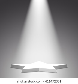 Stage for awards ceremony. Star. White podium. Pedestal. Scene. Spotlight. Vector illustration.