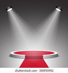 Stage for awards ceremony. White podium with red carpet. Pedestal. Scene. Spotlight. Vector illustration.