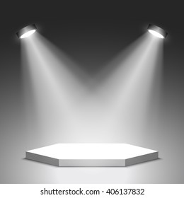 Stage for awards ceremony. White podium. Pedestal. Scene. Spotlight. Vector illustration.