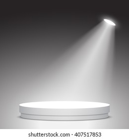 Stage for awards ceremony. White podium. Pedestal. Scene. Spotlight. Vector illustration.