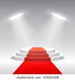 Stage for awards ceremony. White podium with red carpet. Pedestal. Round scene. Spotlight. Vector illustration.