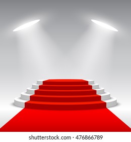 Stage for awards ceremony. White podium with red carpet. Pedestal. Round scene. Spotlight. 3D. Vector illustration.