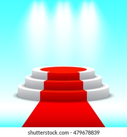 Stage for awards ceremony. White podium with red carpet. Pedestal. Round scene. Spotlight. 3D. Vector illustration.