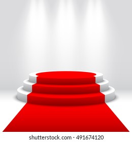 Stage for awards ceremony. White podium with red carpet. Pedestal. Round scene. Spotlight. Vector illustration.